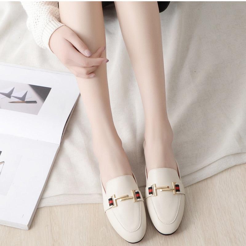 Women's Leather Pointed Toe Mules - Classic Preppy Slip-On Flats
