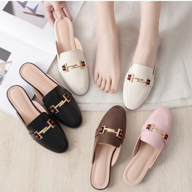 Women's Leather Pointed Toe Mules - Classic Preppy Slip-On Flats
