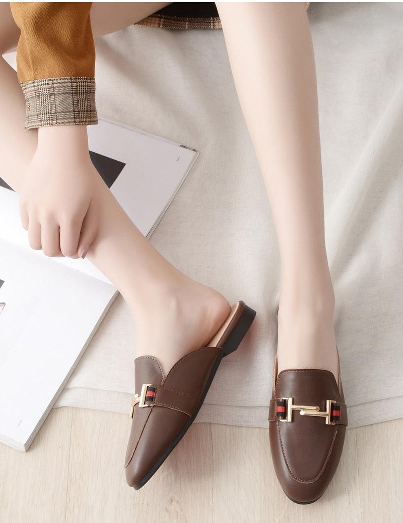 Women's Leather Pointed Toe Mules - Classic Preppy Slip-On Flats