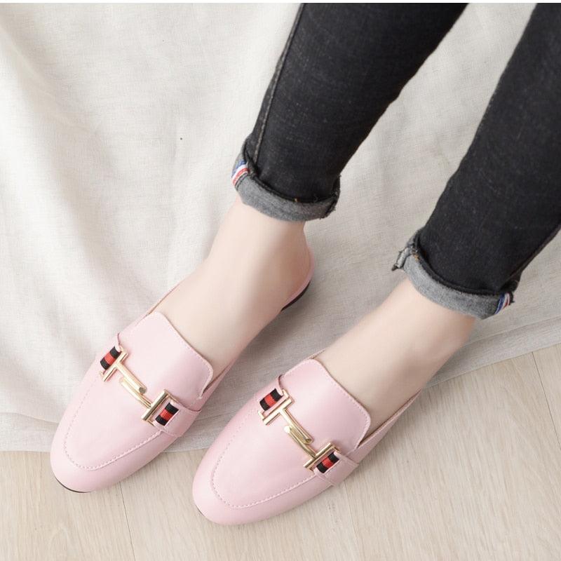 Women's Leather Pointed Toe Mules - Classic Preppy Slip-On Flats