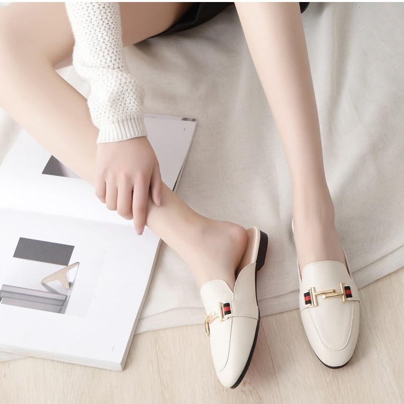 Women's Leather Pointed Toe Mules - Classic Preppy Slip-On Flats