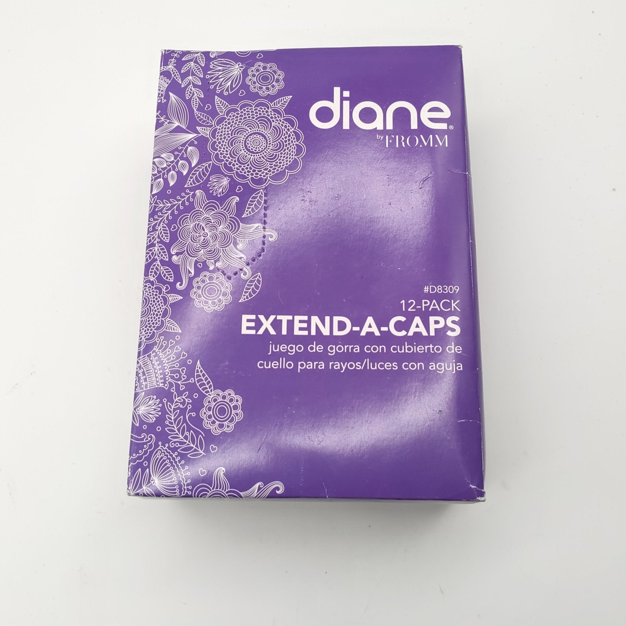 Extend-A-Caps 12-pack highlighting caps in purple with white floral pattern and included metal hook tool.