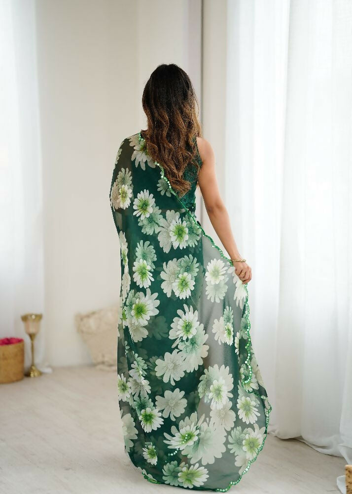 Green Georgette Printed Saree with Mirror Work Detailing