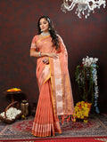Elegant peach cotton saree with woven zari design and silk blouse