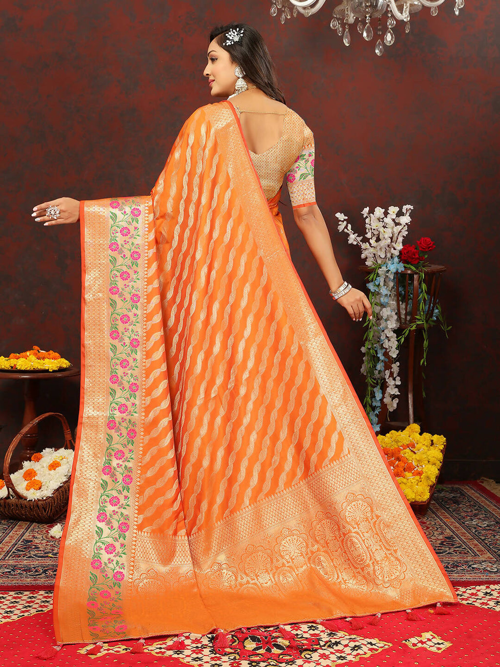 Orange Soft Cotton Leheriya Saree with Elegant Zari Woven Design