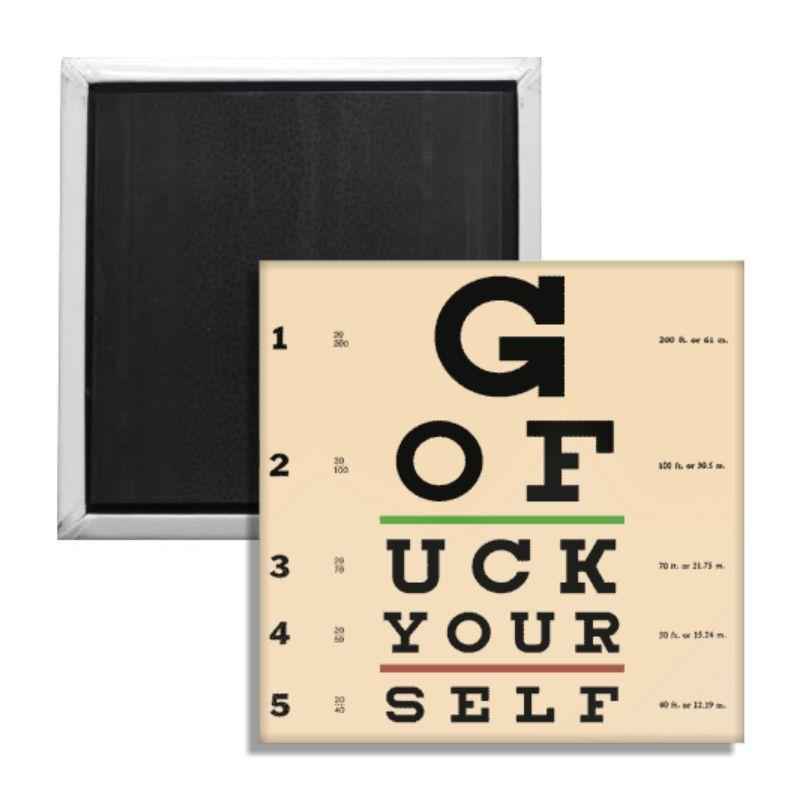 Cream-colored square eye exam chart fridge magnet on a white background