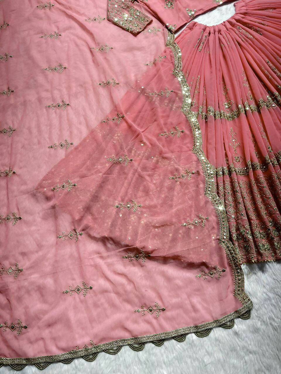 Baby Pink Faux Georgette Sequins Zari Embroidered Lehenga Choli