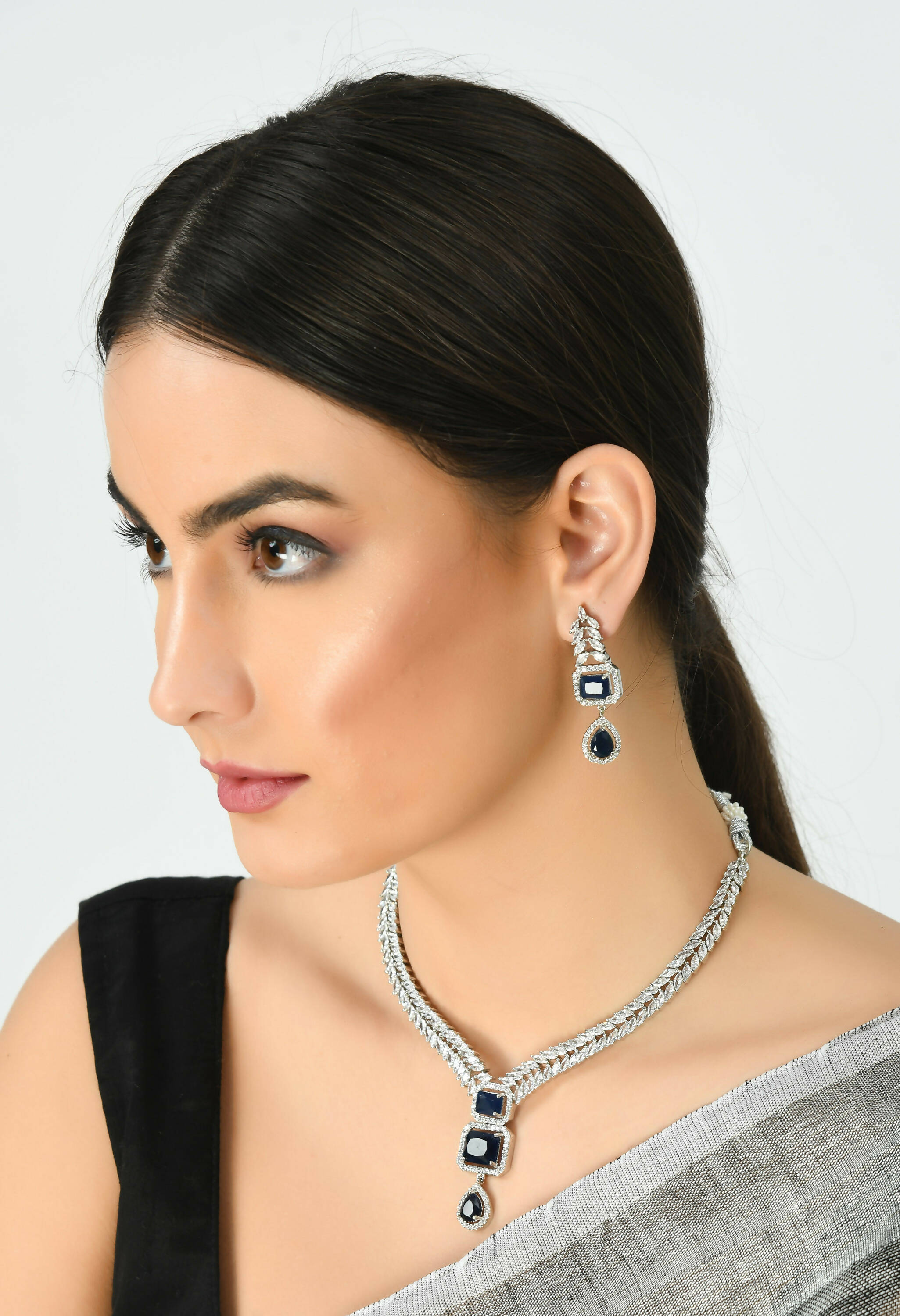 American Diamond Silver-Plated Navy Blue Choker Set