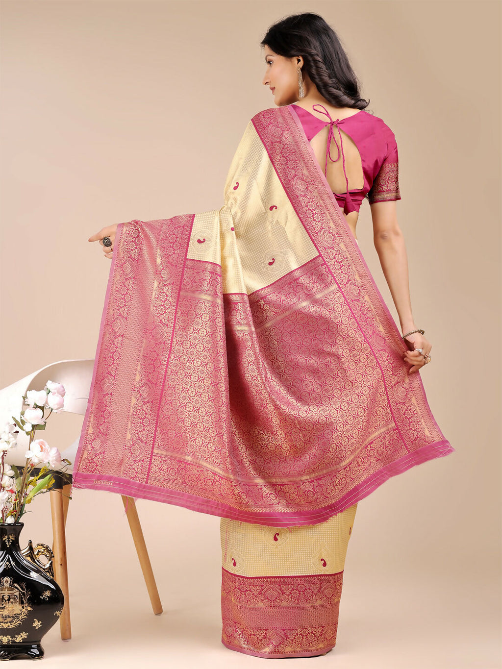 Cream and Magenta Banarasi Silk Saree with Matching Blouse