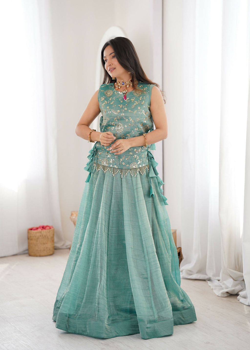 Skyblue Salsa Crush Lehenga Choli with Koti Set