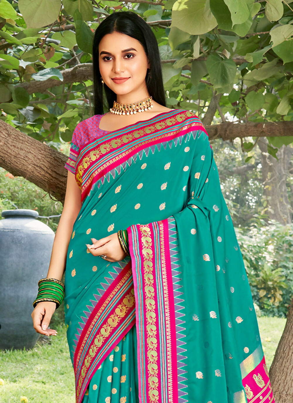 Sea Green Soft Silk Saree with Matching Blouse Fabric