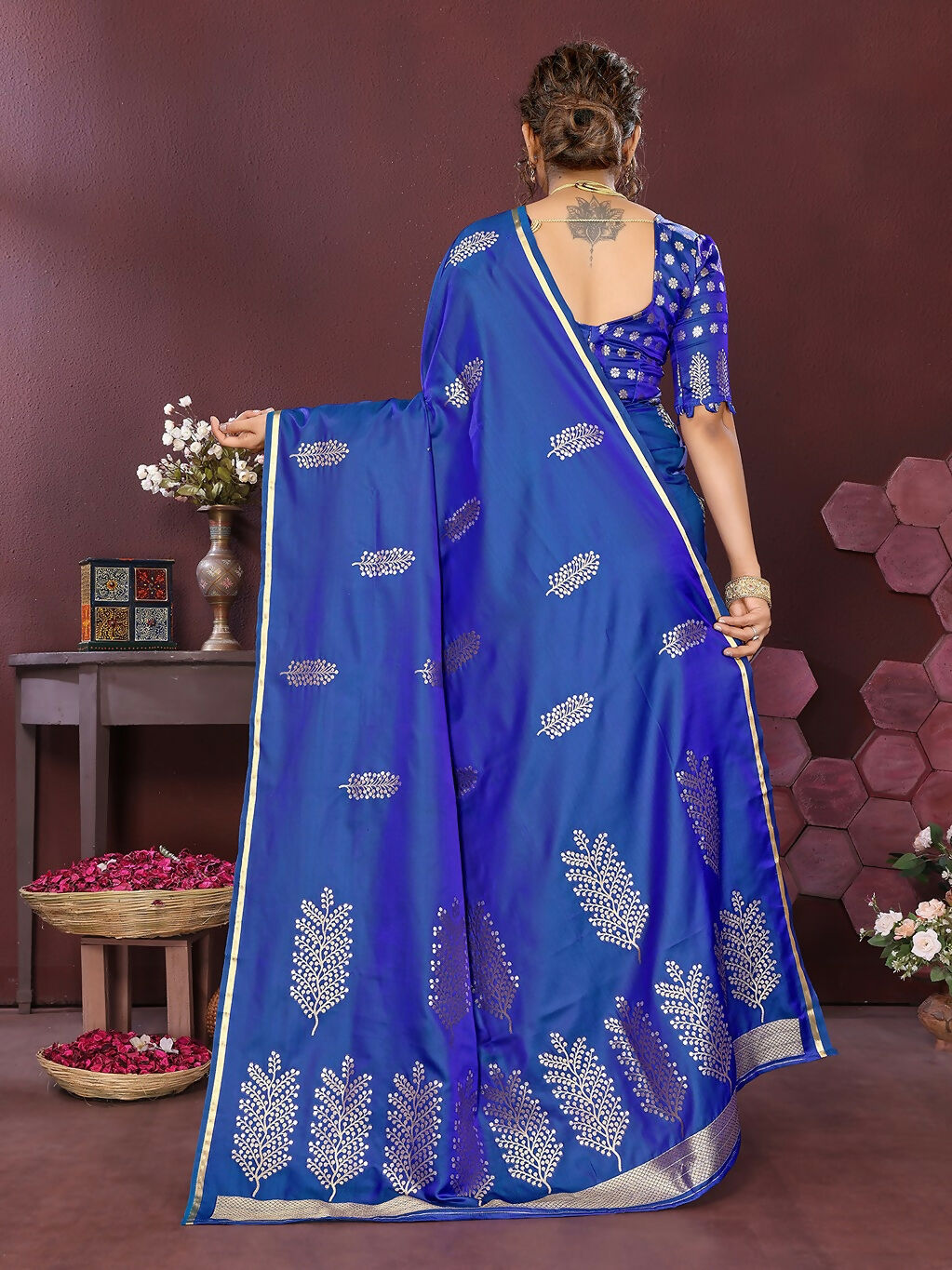 Royal Blue Floral Motifs Banarasi Satin Silk Saree
