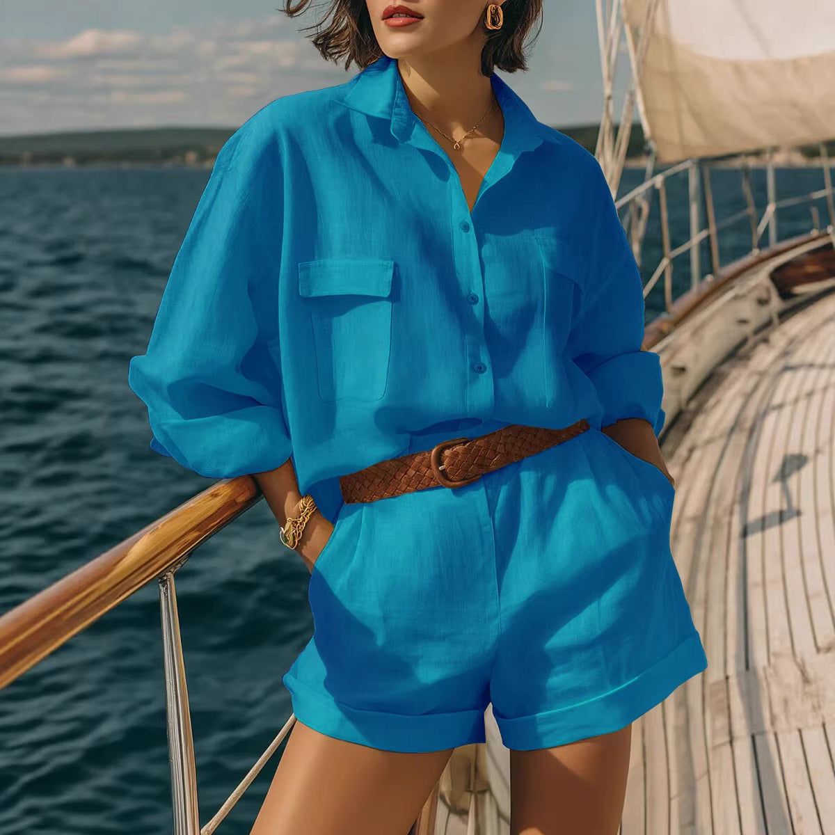 Women's Loose Fit Button Down Shirt and Shorts Casual Set - Image 4
