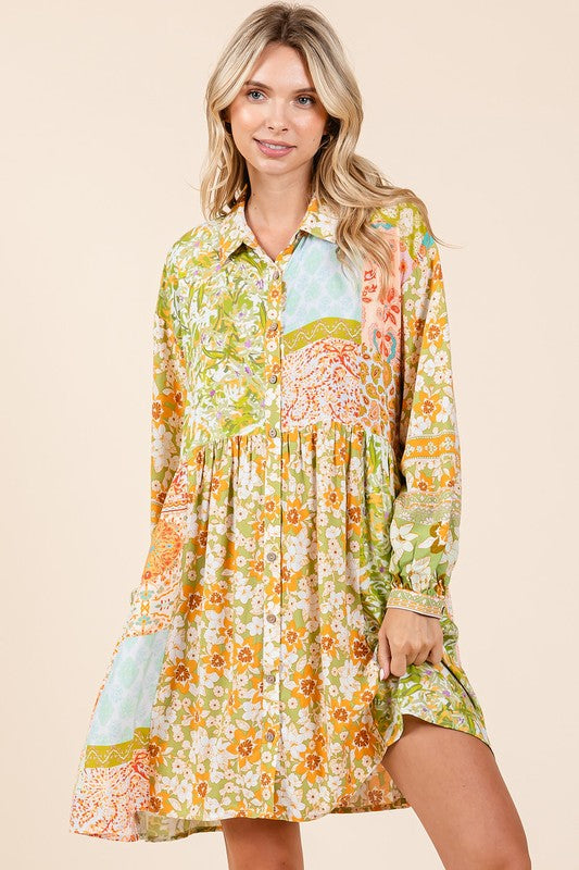 Floral Button Detail Long Sleeve Shirt Dress