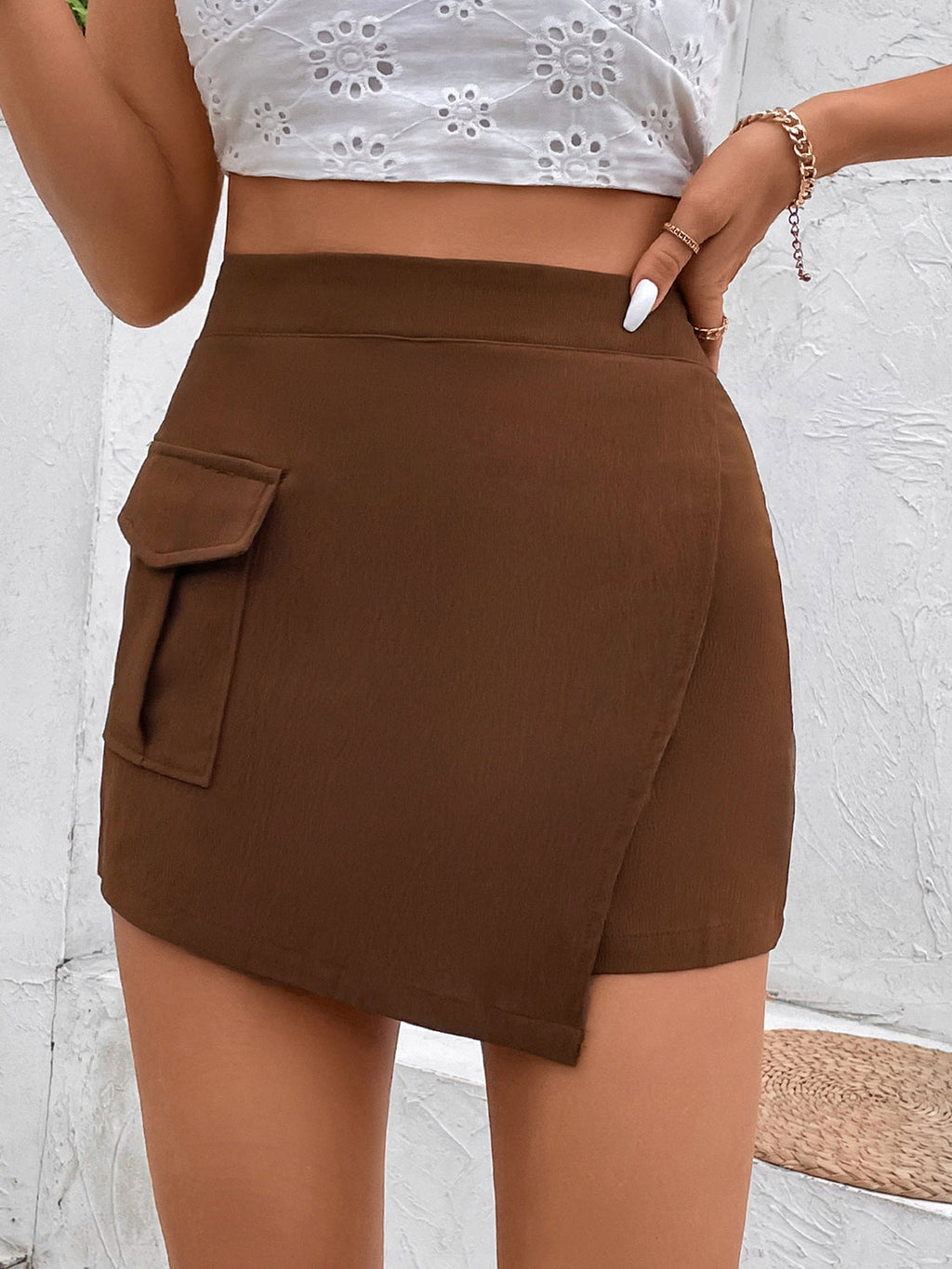 Brown High Waist Cargo Skort with Side Pocket Detail - Image 6