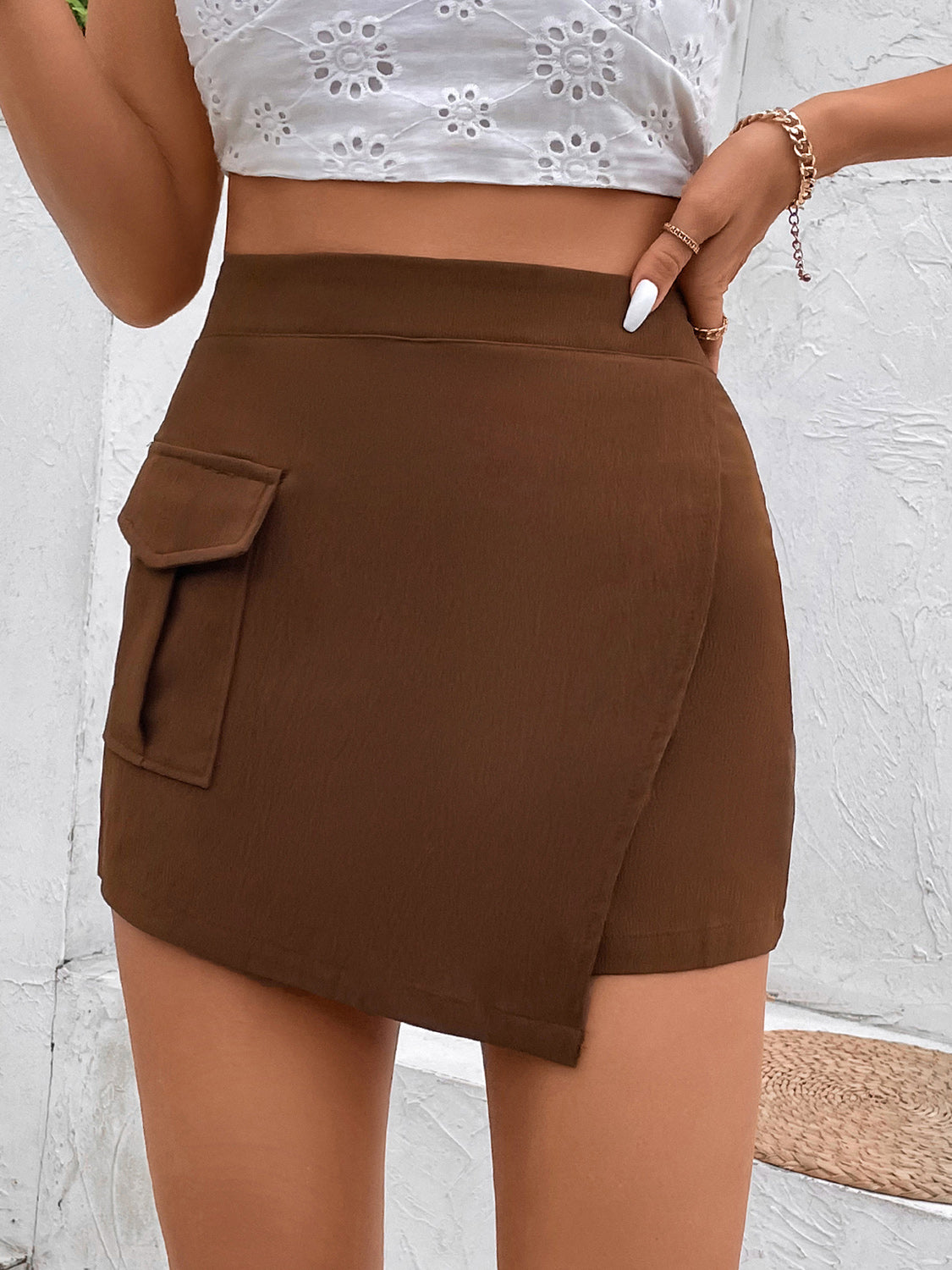 Brown High Waist Cargo Skort with Side Pocket Detail - Image 6