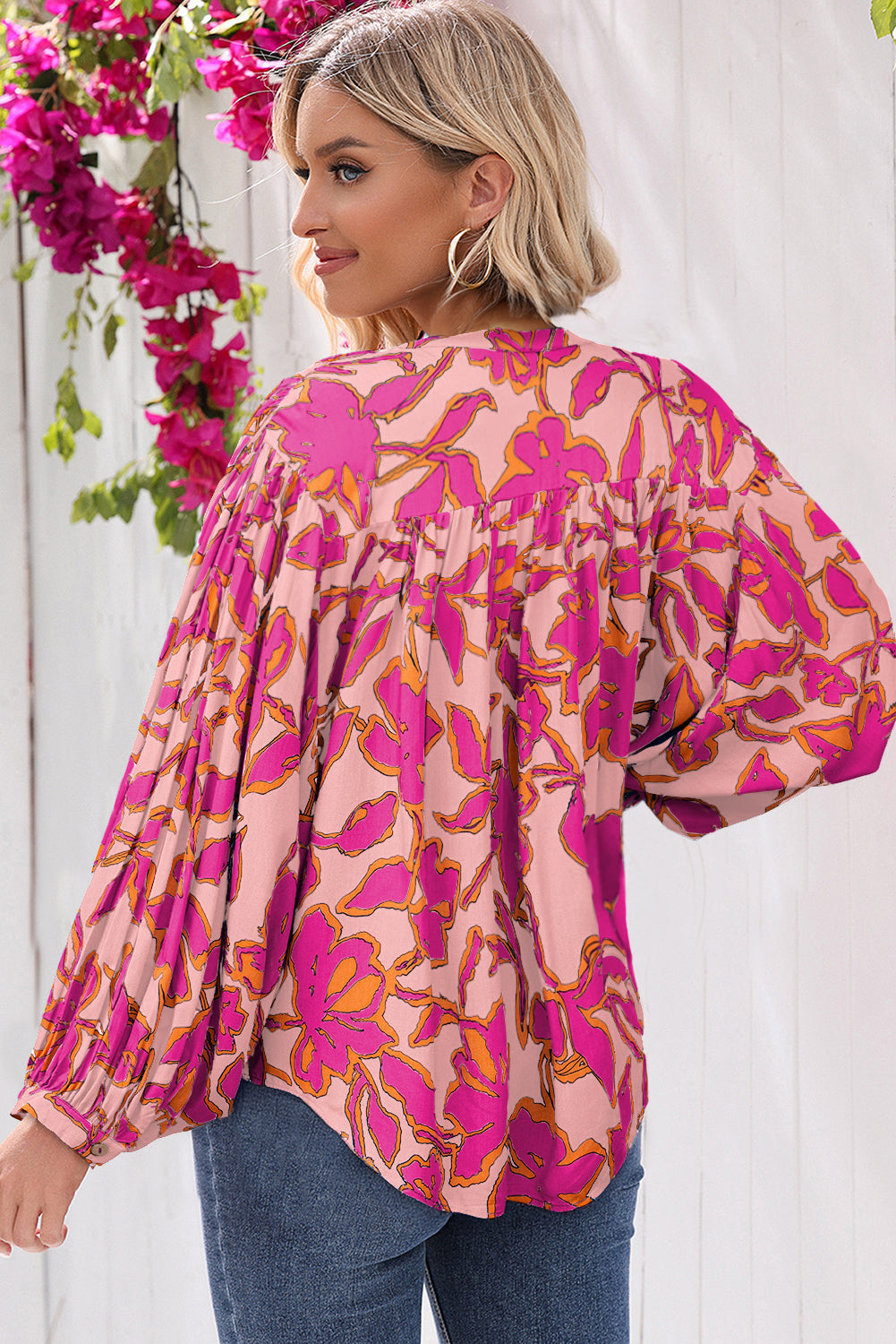 Blue Floral Print Batwing Sleeve Buttoned Shirt