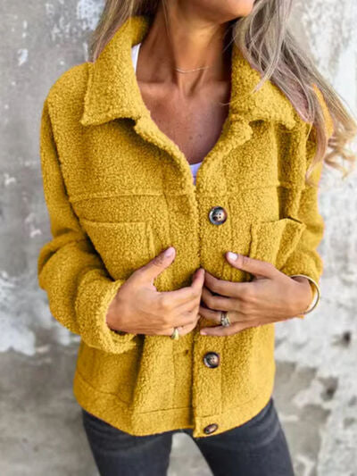 Women's Fuzzy Button-Up Jacket with Drop Shoulder