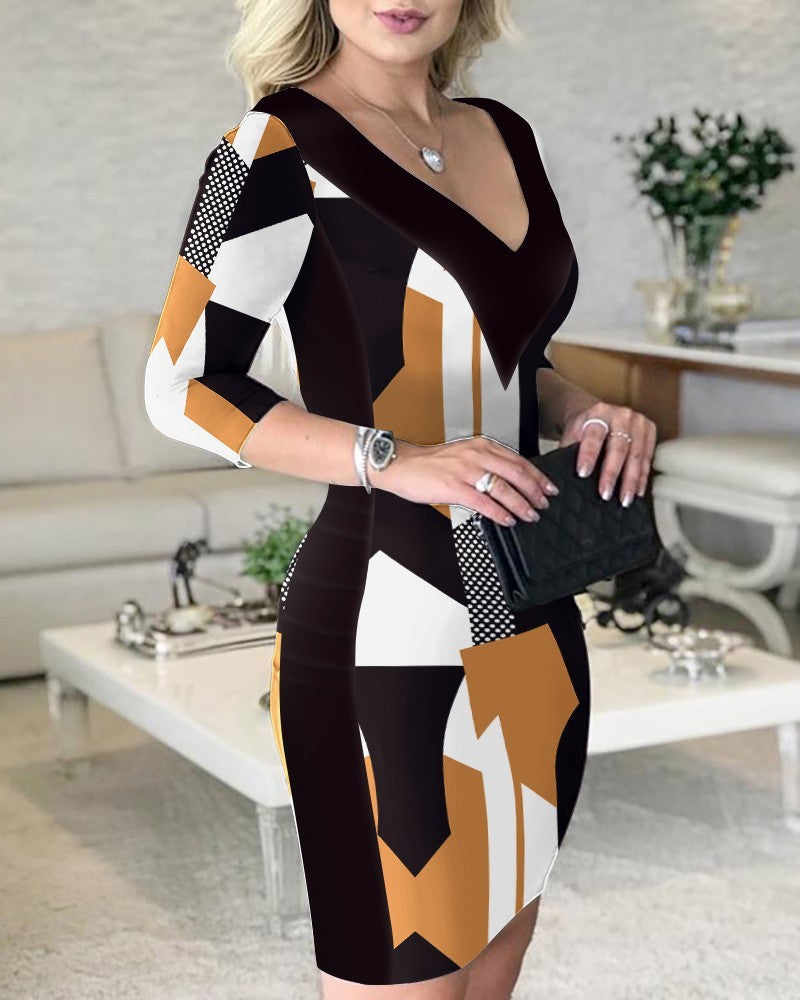 Geometric Print V-Neck A-Line Wrap Dress in Black and Ochre
