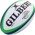 Gilbert Barbarian 2.0 Size 5 rugby match ball in white with green and navy blue accents.