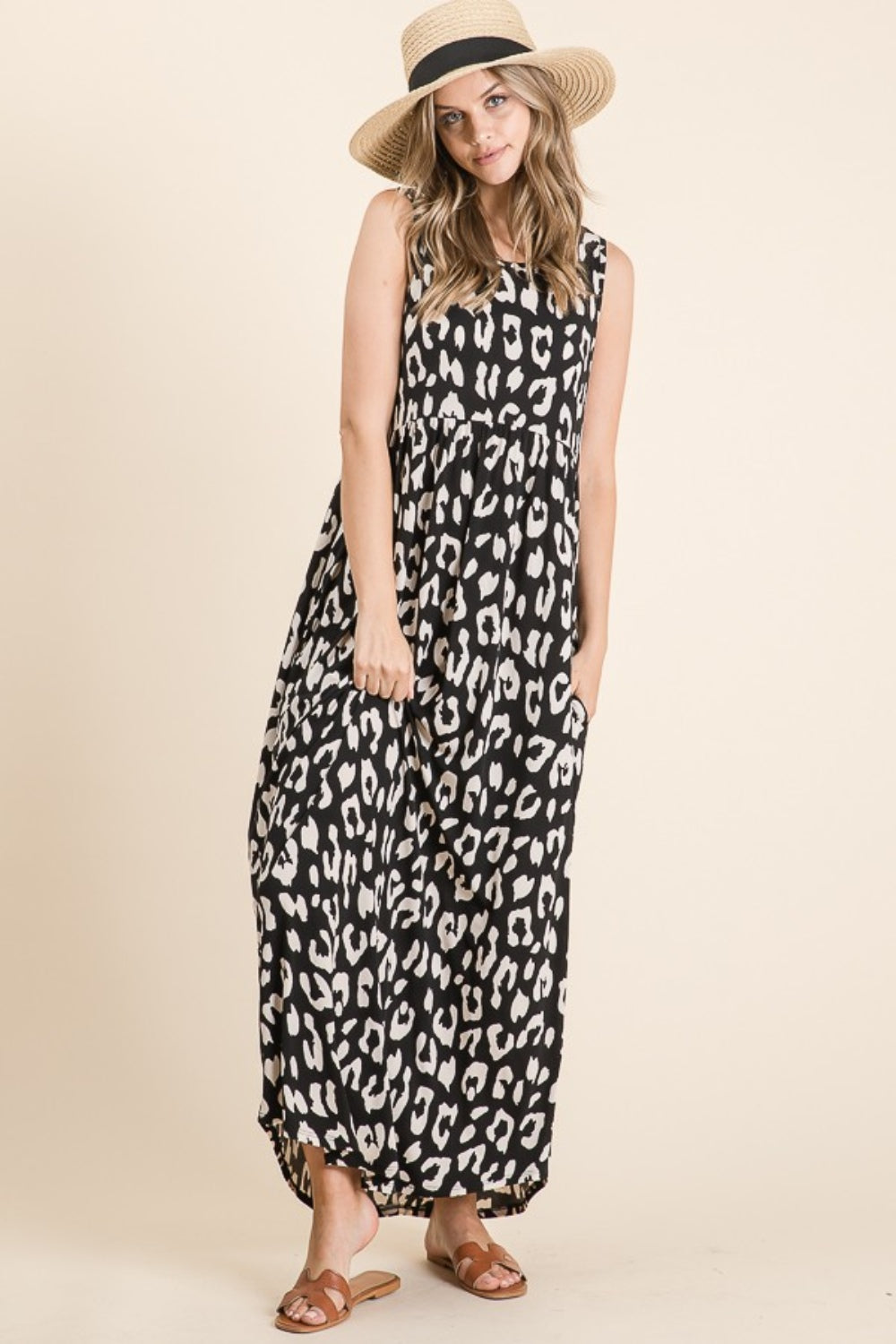 Leopard Print Maxi Dress with Pockets and Shirred Waist