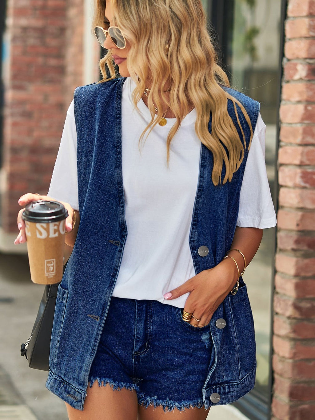 V-Neck Button Up Denim Vest | Rayon Blend