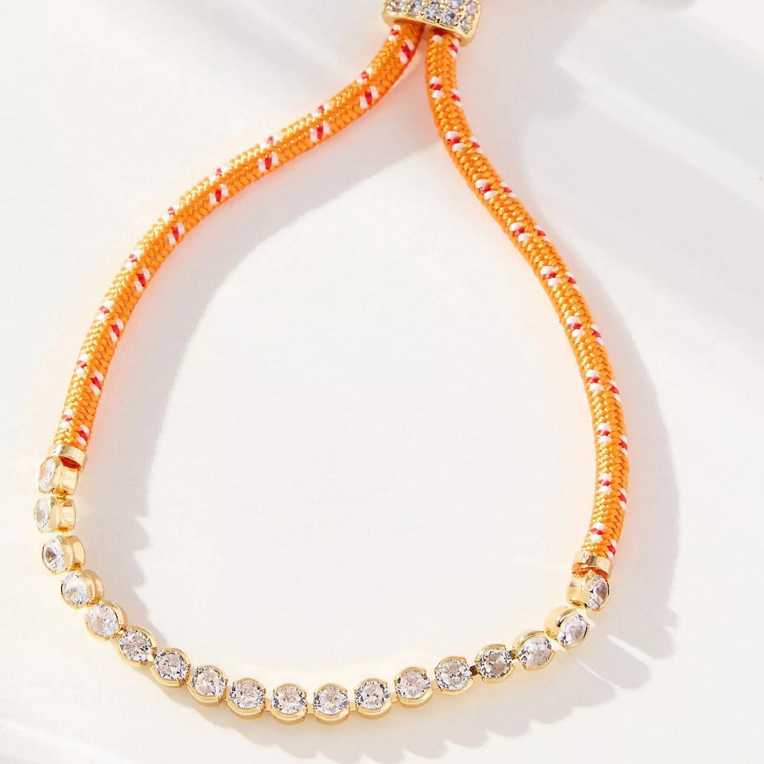 Off-white Brown-striped Woven Necklace with Diamond-encrusted Chain