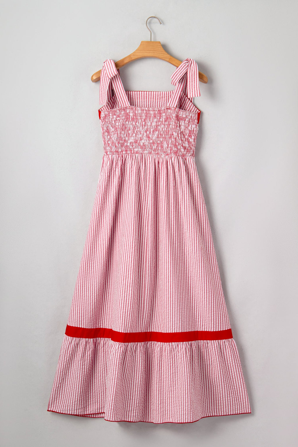 Stripe Bow Tie Straps Ruffle Hem Maxi Dress in Red and White