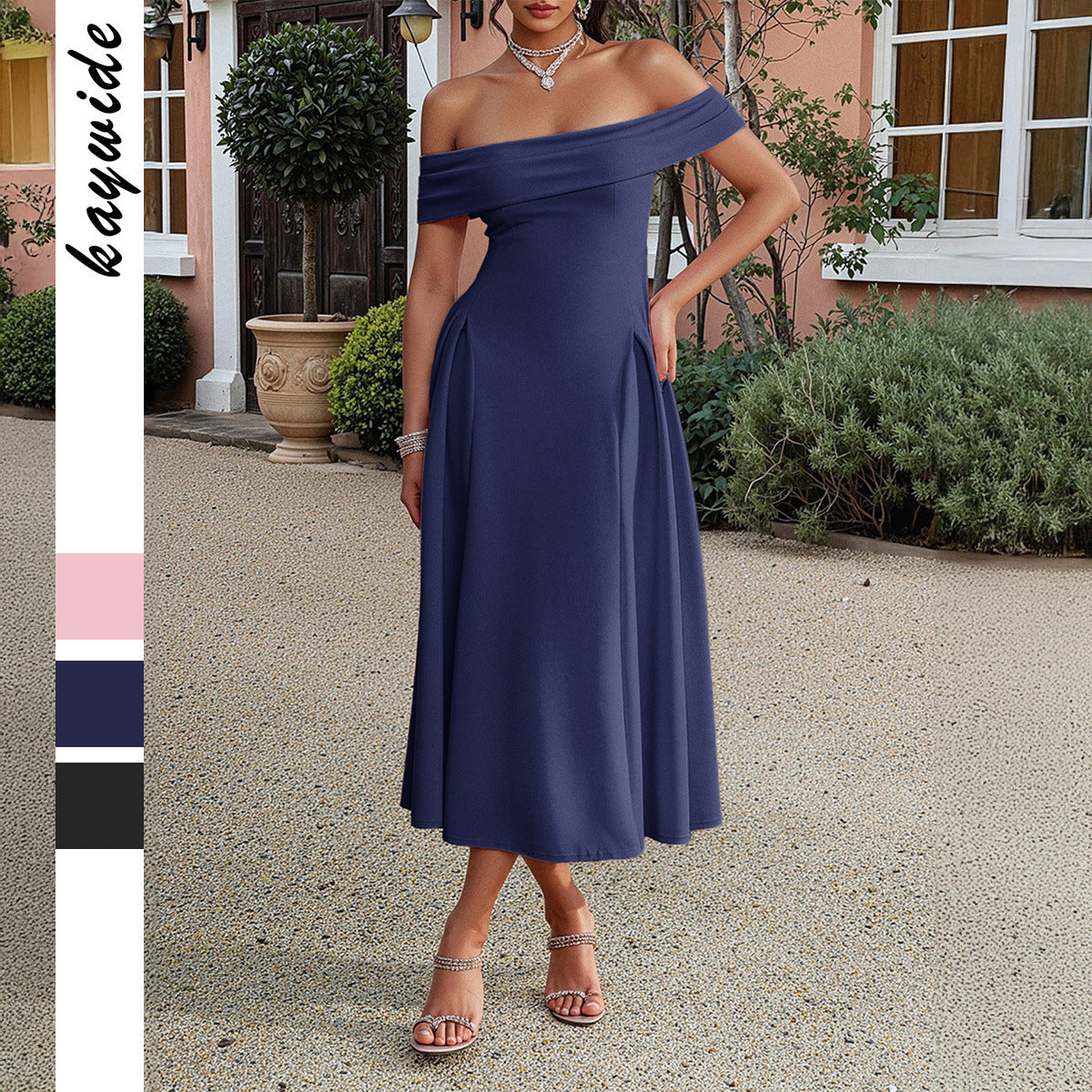 Off-Shoulder A-Line Midi Dress in Romantic Pink and Navy Blue
