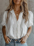 Women's White Lace Trim Puff Sleeve Button Down Blouse - Image 6