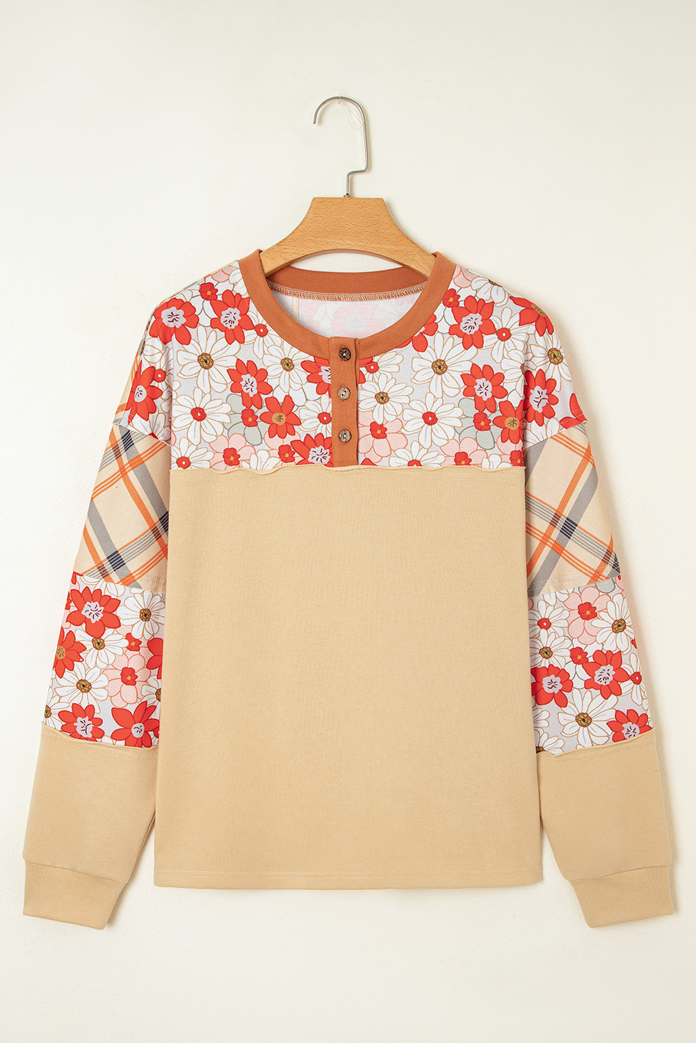 Parchment Floral Plaid Patchwork Henley Top