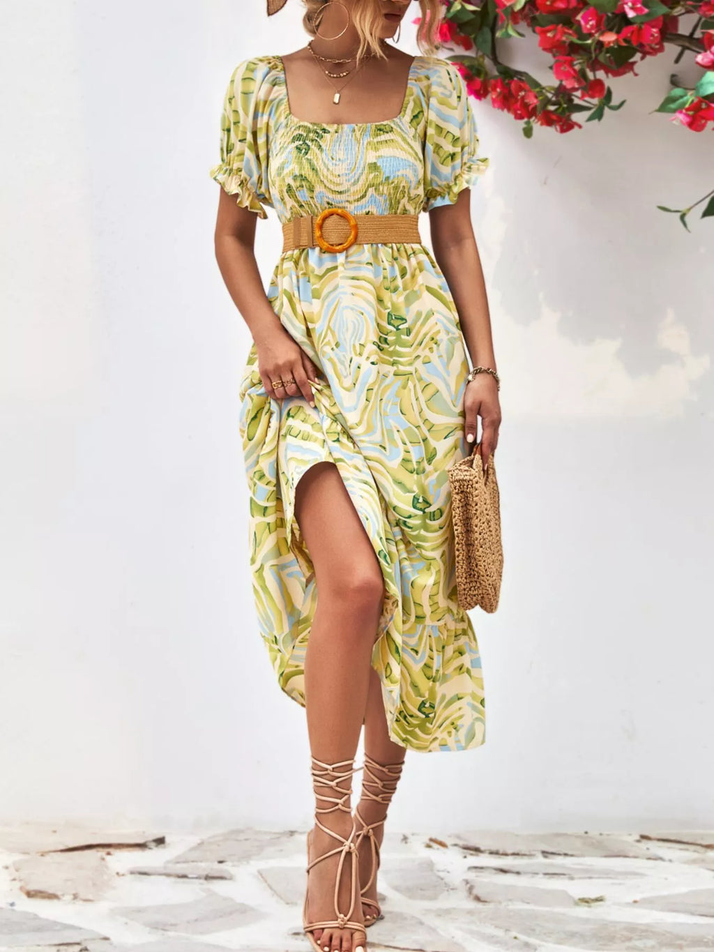 Smocked Printed Puff Sleeve Midi Dress