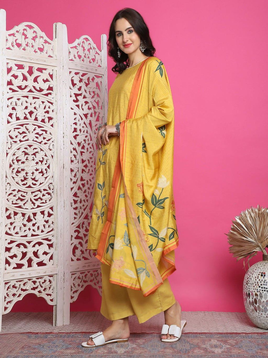Women's Yellow Muslin Floral Print Straight Kurta Set with Dupatta