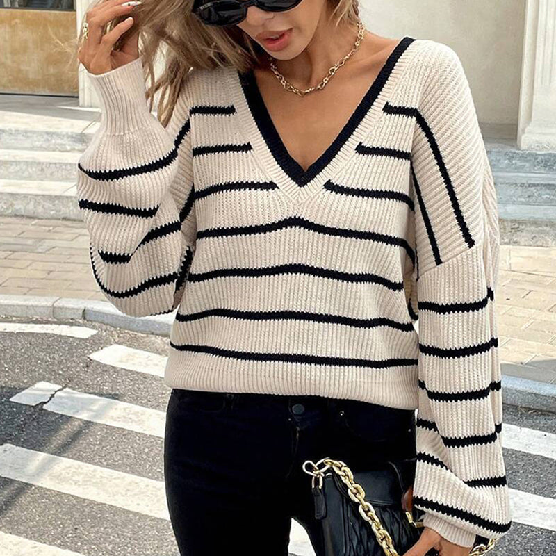 Women's Striped V-Neck Sweater with Chic Back Bow Detail - Image 8