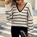 Women's Striped V-Neck Sweater with Chic Back Bow Detail - Image 8