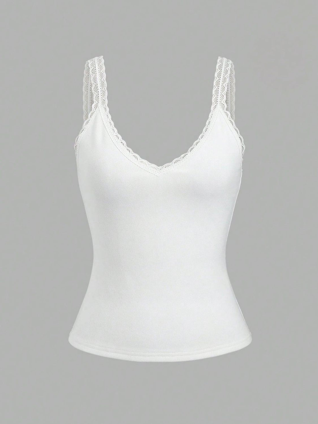 White ribbed tank top with intricate lace detailing on the V-neck and wide shoulder straps against a grey background.