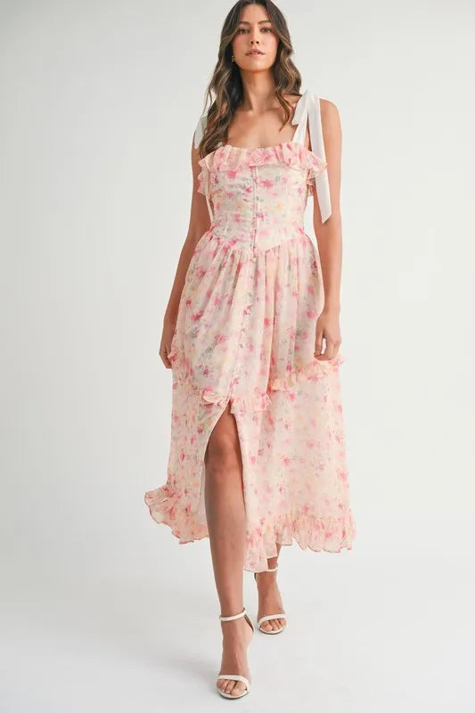 Floral Printed Shoulder Strap Midi Dress in Chiffon