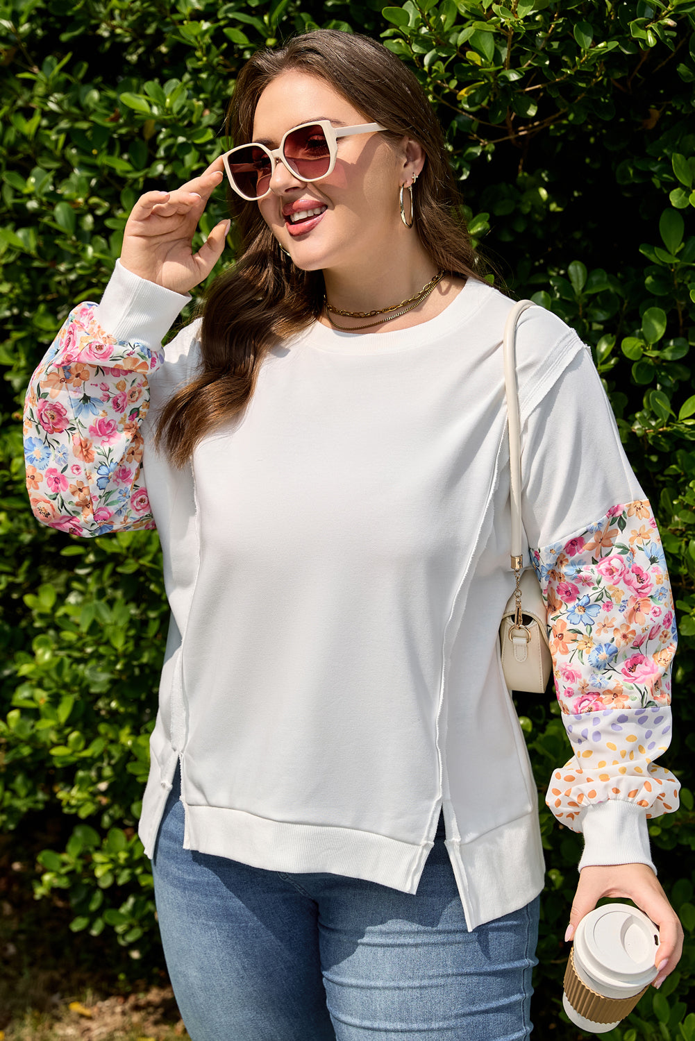 Plus Size Floral Patchwork Long Sleeve Reverse Seam Sweatshirt