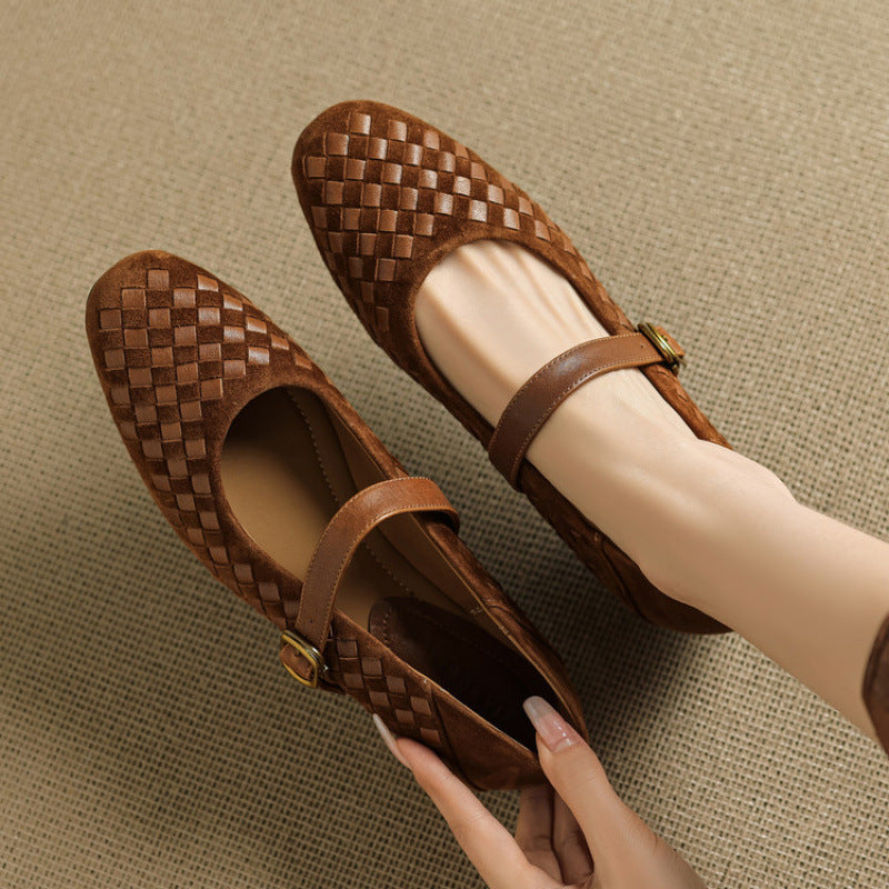 Woven Brown Sheepskin Mary Jane Flats with Single Buckle Strap