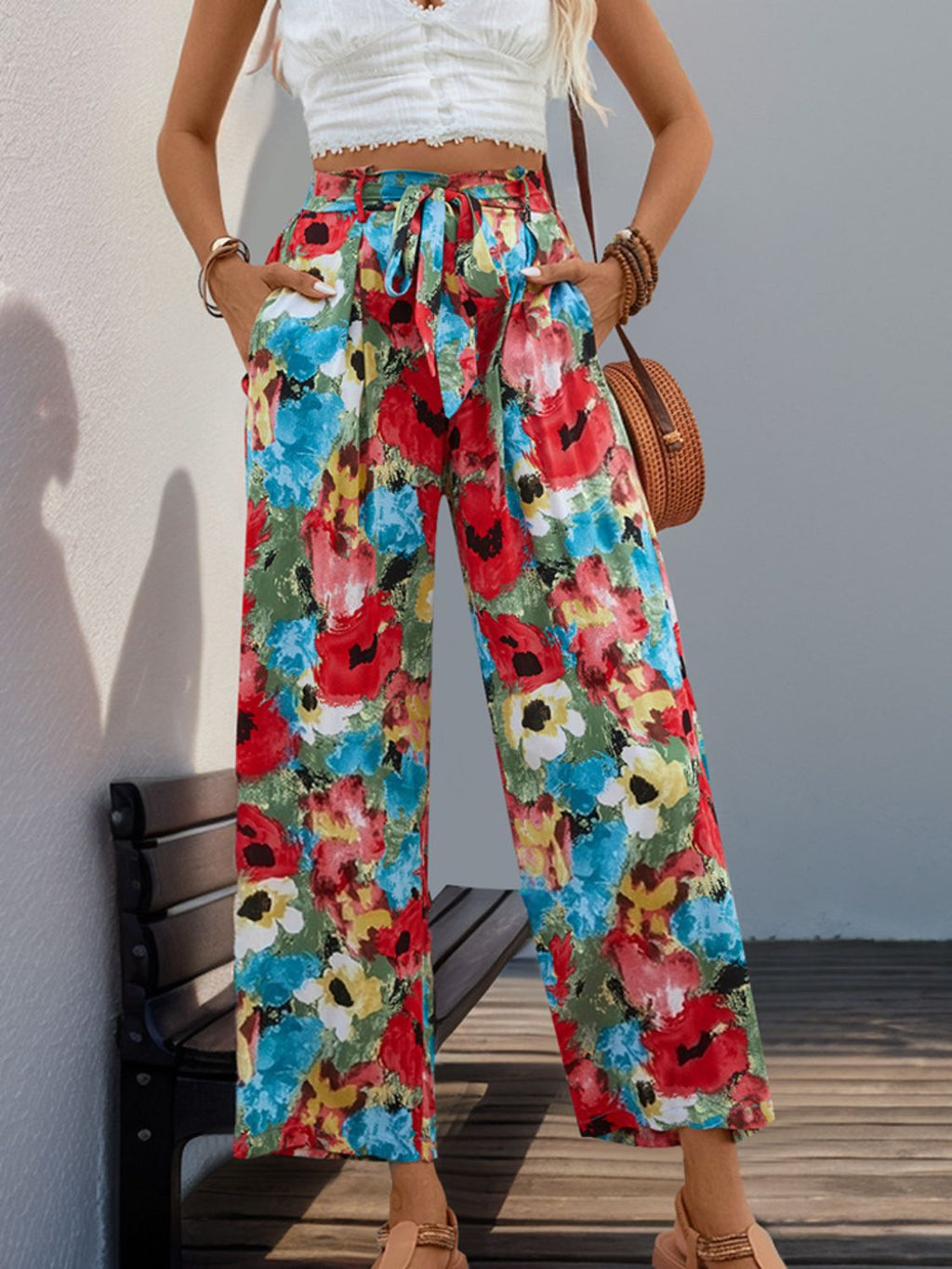 Women's Floral Print Wide Leg Tied Waist Pants - Image 3