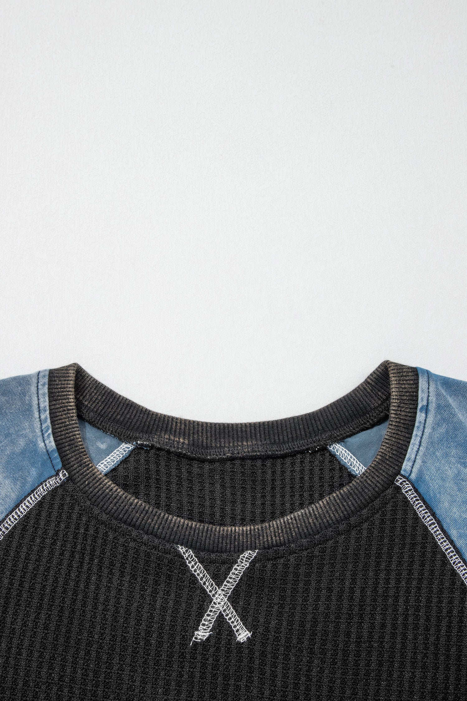 Brynleigh Patchwork Waffle Knit Short Sleeve Top in Black Blue