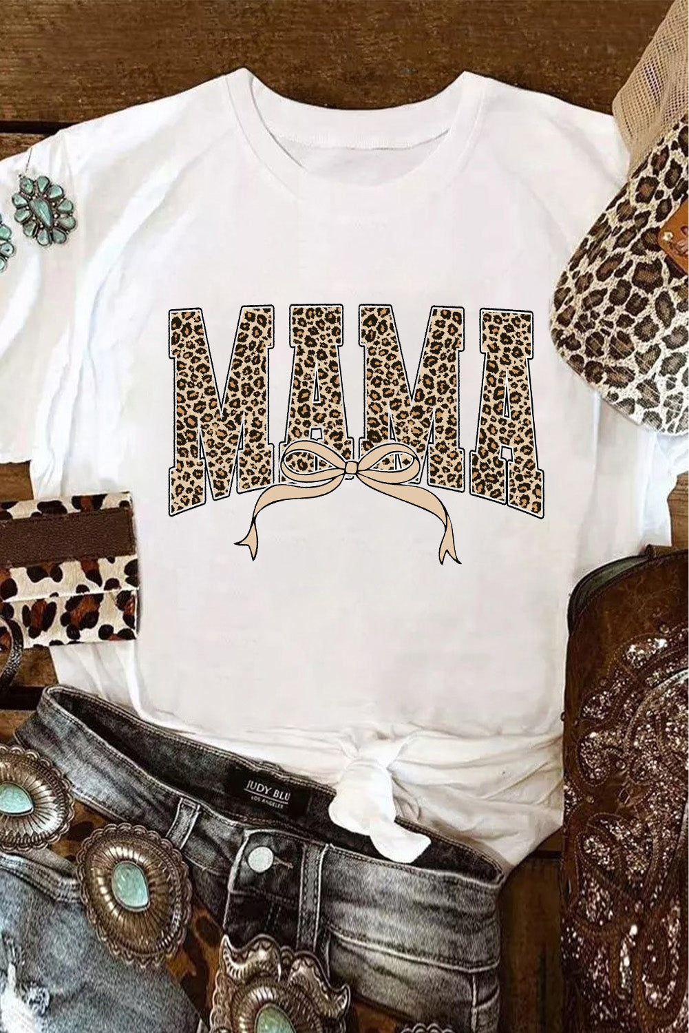 White Leopard Bow MAMA Graphic Crew Neck T Shirt