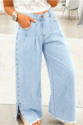 Beau Blue Studded Wide Leg Jeans with Side Slit & Frayed Hem