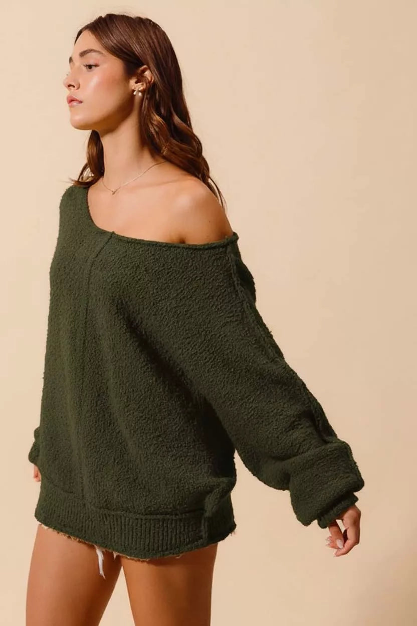 SO ME Loose Fit Exposed Seam Slouchy Boucle Sweater