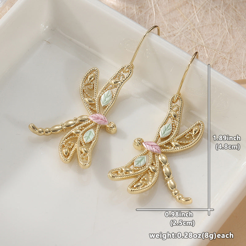 Vintage Dragonfly Drop Earrings Gold Tone Brass Women Spring Summer Daily Fashion Jewelry Elegant Gift