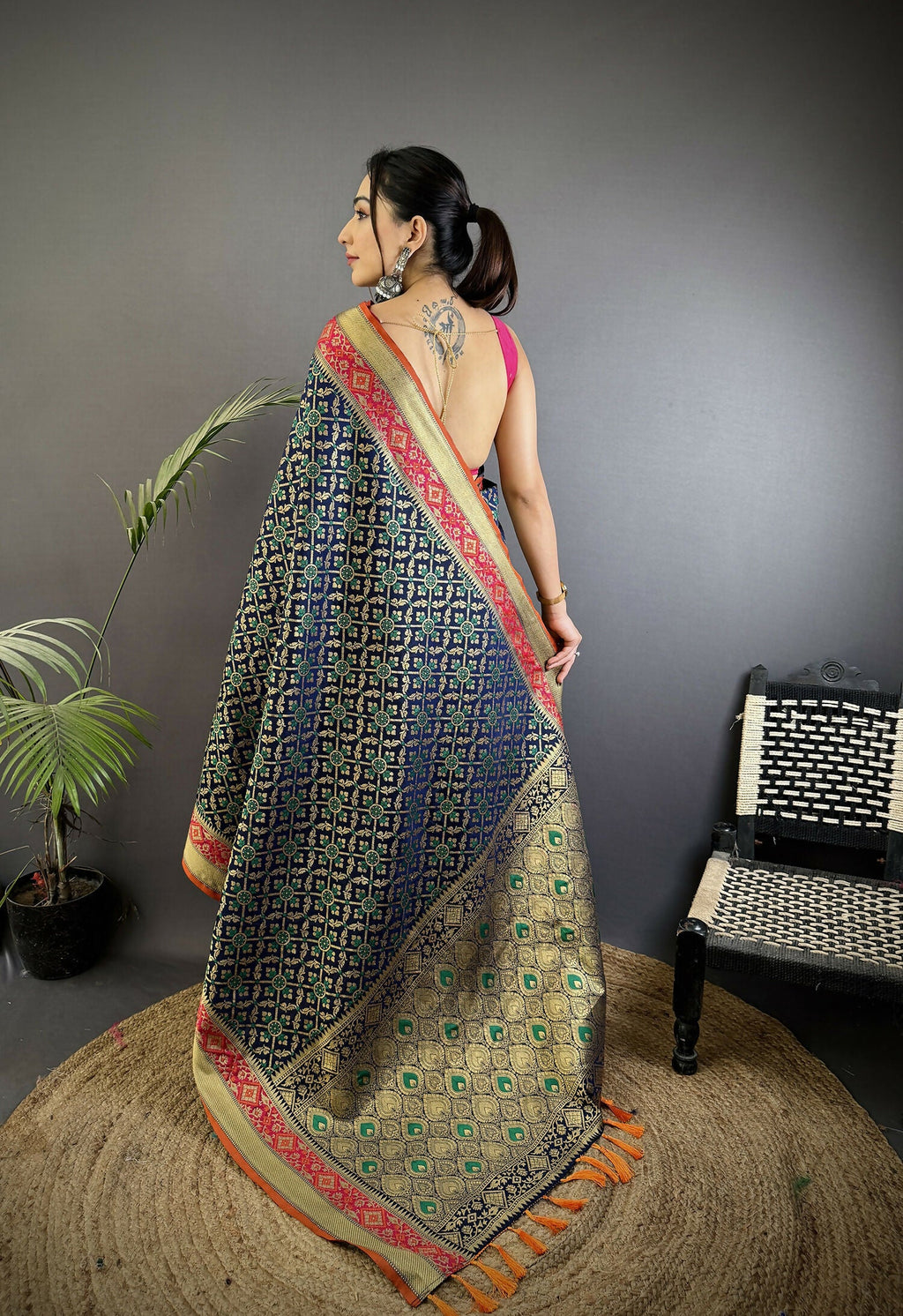 Navy Blue Patola Soft Silk Saree with Traditional Pattern