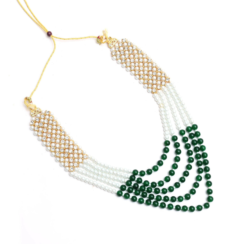 Gold-Plated Rani Haar Long Necklace with Cream and Green Pearls