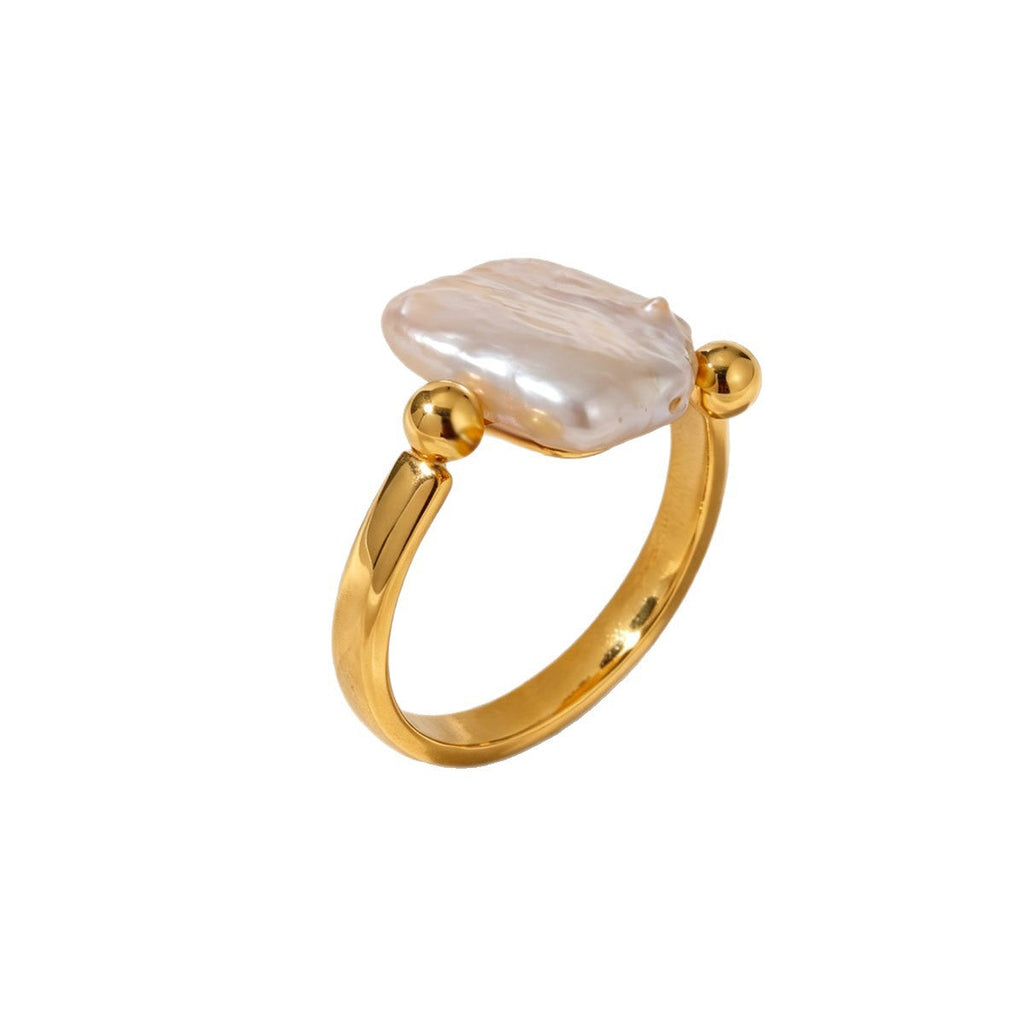 Women Minimalist Square Baroque Faux Pearl Open Adjustable Ring, 14K Gold Plated Smooth Bead Sides Thin Band Daily Stackable Jewelry Gift