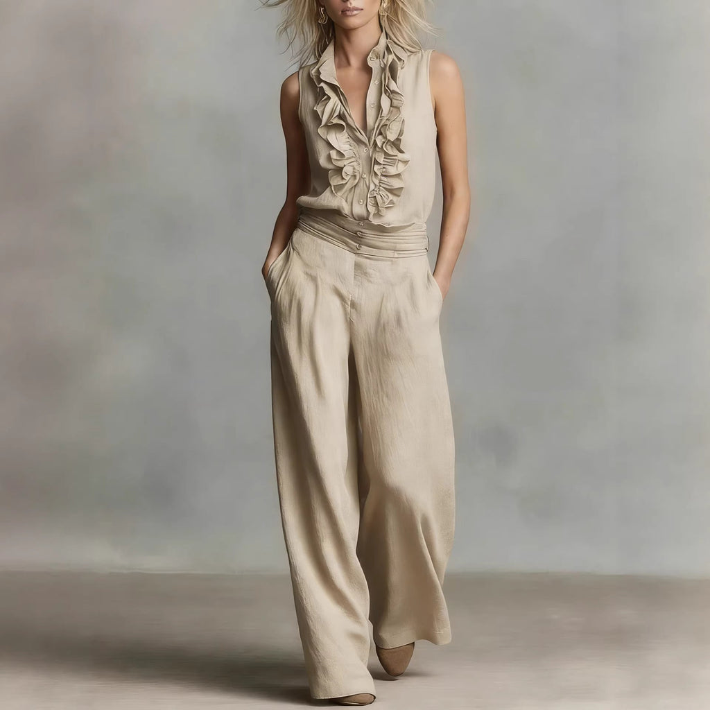 Women’s Ruffled Linen Blend Two-Piece Set Sleeveless Wide-Leg - Image 5