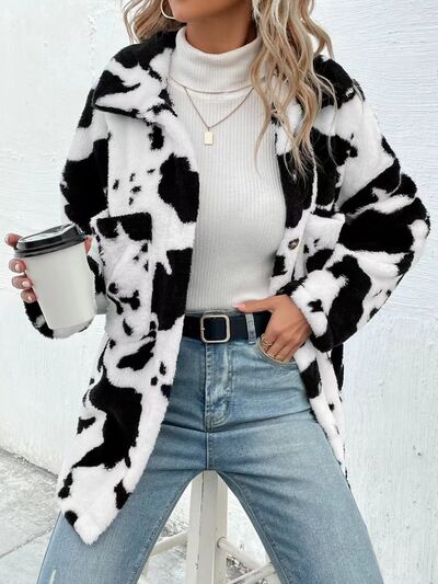 Black and White Cow Print Fuzzy Collared Button Up Jacket